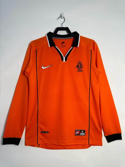 Retro Netherlands 1998 jersey by Nike, orange with black and white details, KNVB crest and Nike logo, long sleeves.