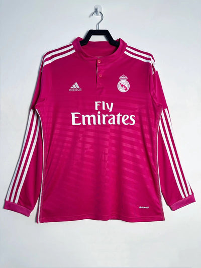 Camiseta retro Real Madrid 2014-2015, rosa, manga larga, Adidas, visitante.