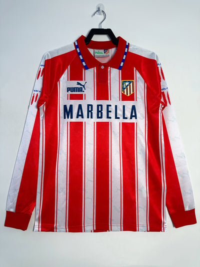 Retro Atlético de Madrid 1996-1997 long-sleeve home jersey by Puma with "Marbella" sponsor and red-white stripes.