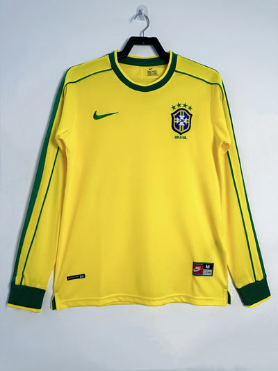 Camiseta Retro Brasil 1998 con diseño amarillo y verde, Nike, manga larga.