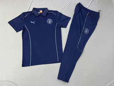 Short sleeve T-shirt with long trousers, navy blue set with sports logo detailing.