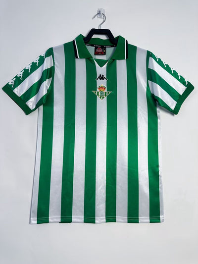 Camiseta retro Real Betis 1995-1997, franjas verdiblancas, escudo y logos Kappa bordados.